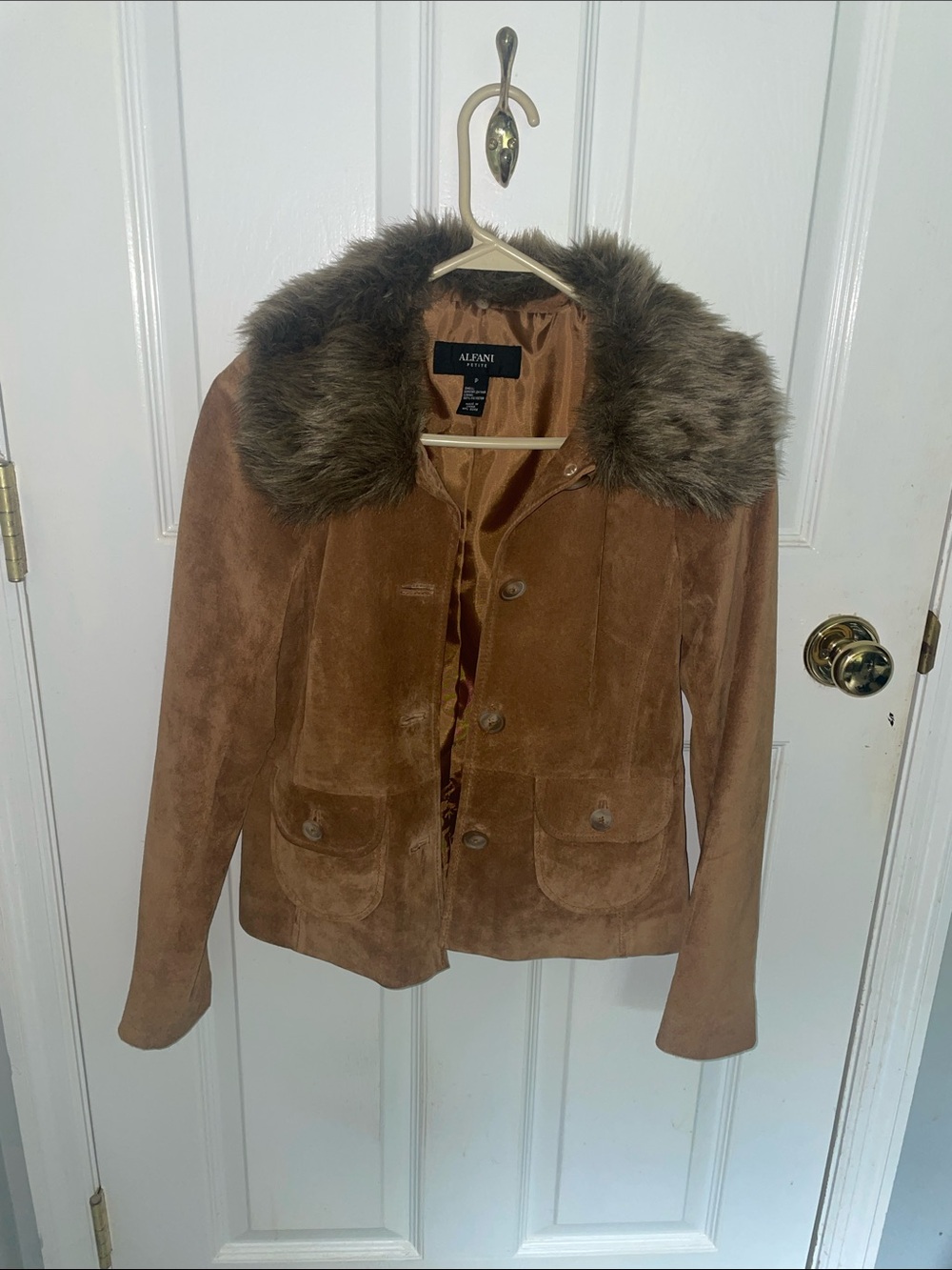 Vintage Alfani Brown Genuine Suede Teddy Jacket with Faux-Fur Removable Collar P
